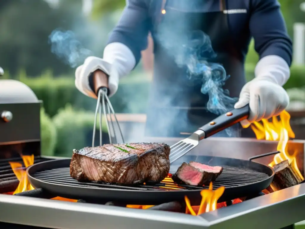 Persona experta cocinando en parrilla de lujo, transmitiendo seguridad y precisión