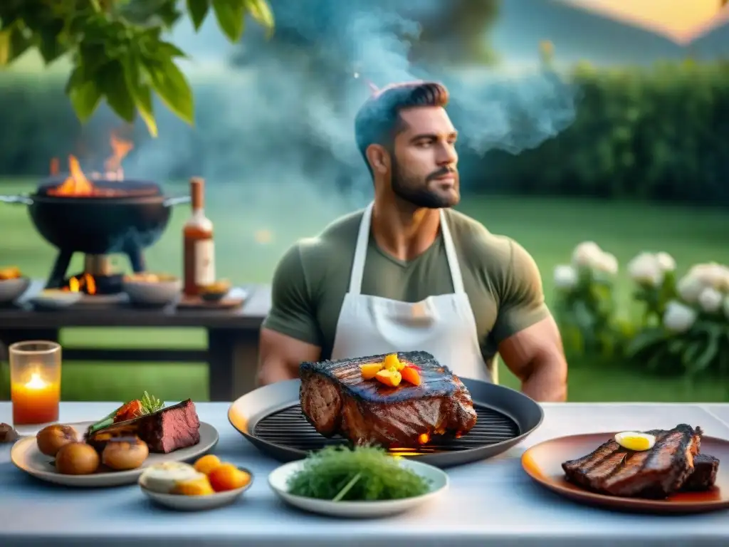 Una persona disfrutando de forma consciente un asado en una mesa elegante y armoniosa al atardecer