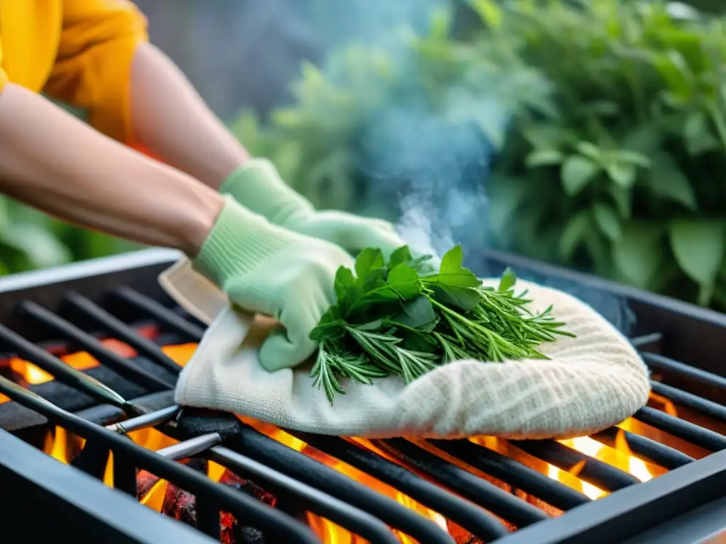 Persona con guantes de cocina cuida parrilla al atardecer con productos caseros