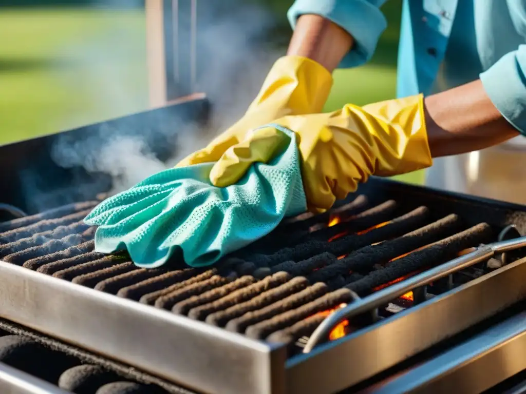 Persona limpia a fondo la parrilla grasienta con guantes de goma, vapor sizzling