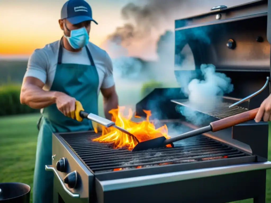 Persona limpiando una parrilla con precisión al atardecer, usando herramientas especializadas y equipo de protección