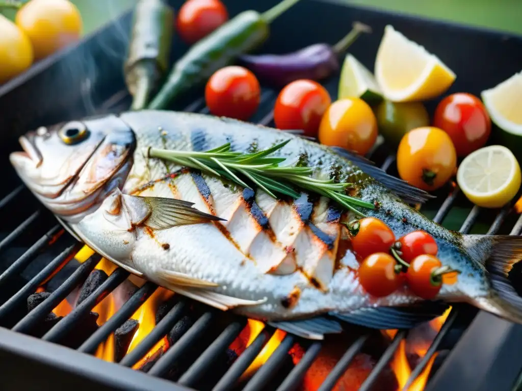 Pescado en la parrilla uruguaya: Detallada imagen de un pescado entero a la parrilla con verduras coloridas y brasas brillantes