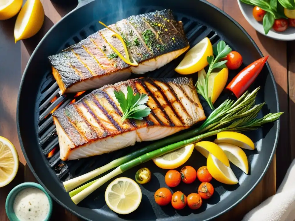 Pescado en la parrilla uruguaya: filletes frescos y coloridos rodeados de vegetales, hierbas frescas y la esencia de un asado uruguayo