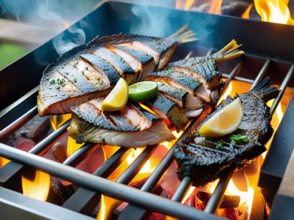 Pescado en la parrilla uruguaya: pescados frescos y jugosos con chimichurri y limón, cocinados a la parrilla en un ambiente rústico y ahumado