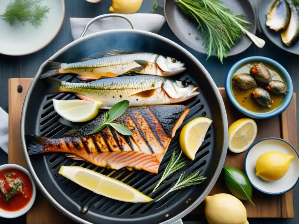 Pescado en la parrilla uruguaya: variedad de pescados frescos asados con marinadas y limón, en un ambiente rústico y ahumado