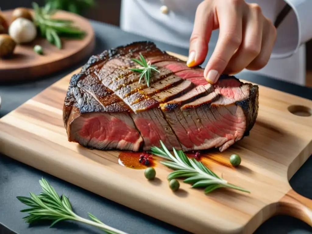 Picaña uruguaya recetas maridaje: Preparación experta de un suculento corte de carne con marbling, sazonado con hierbas y condimentos