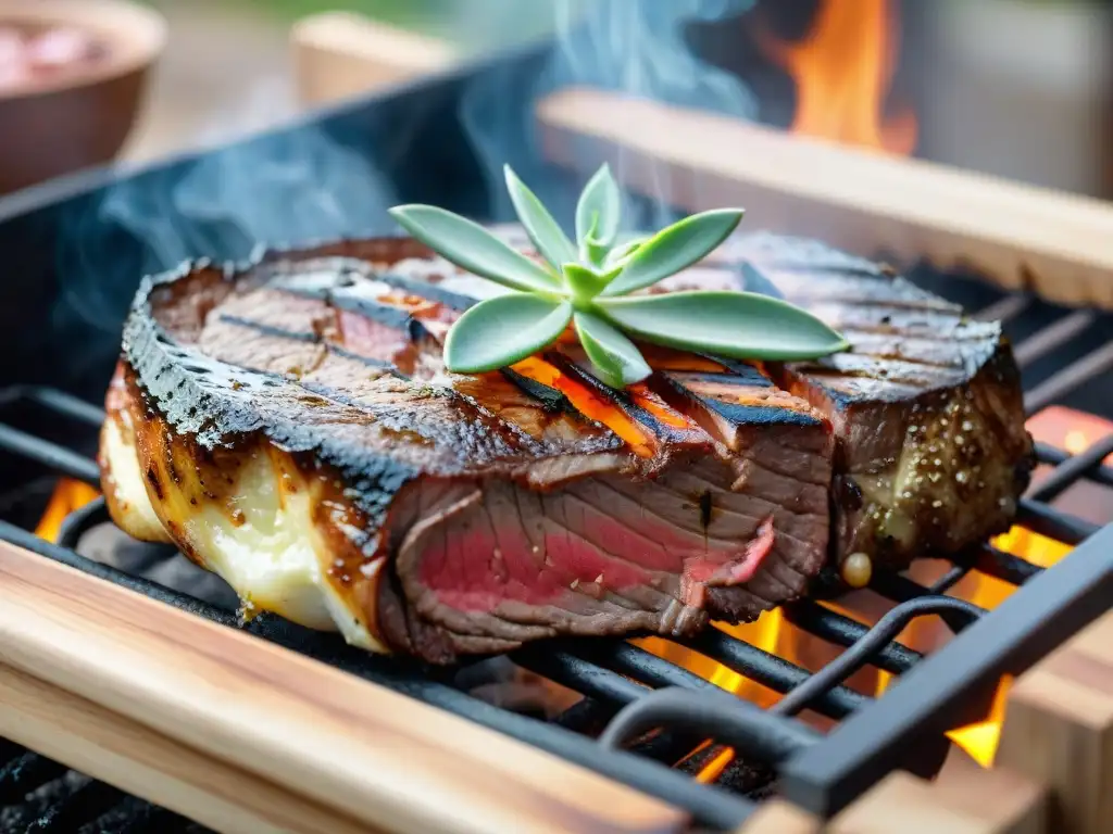 Picaña uruguaya recetas maridaje: Deliciosa parrillada con jugoso steak y hierbas frescas en tabla rústica