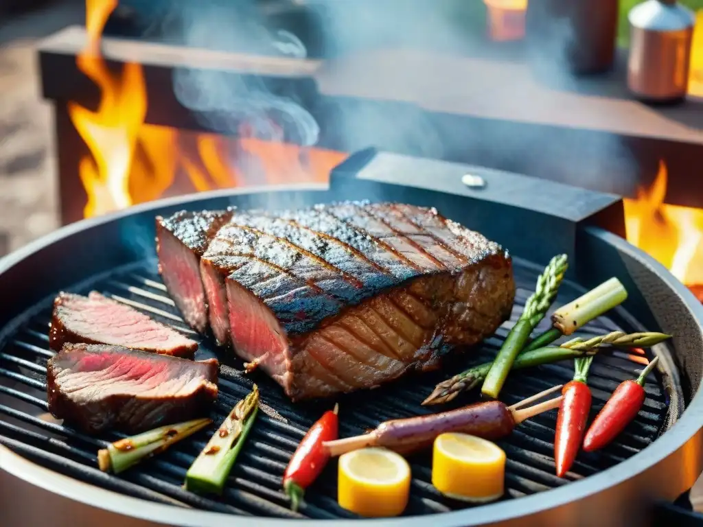 Una piedra para asar carnes con carnes y vegetales sizzling en una parrilla al aire libre al atardecer