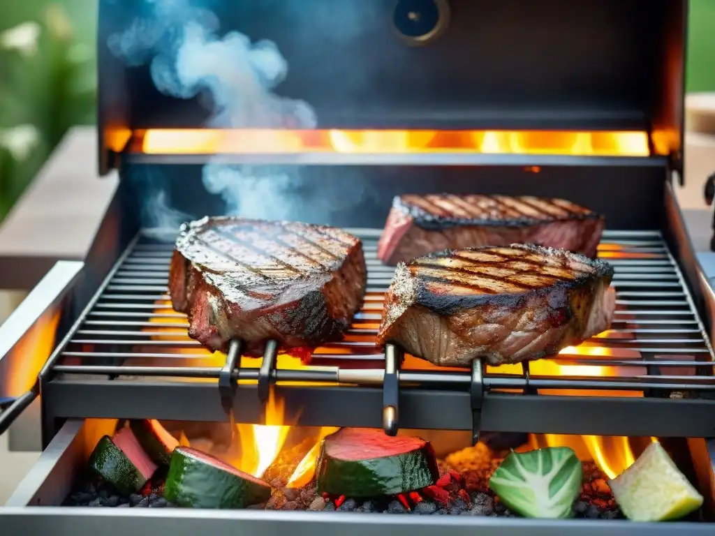 Piedras para asar carnes: parrilla rústica al aire libre con jugosos filetes en su punto sobre piedras calientes, en una escena dorada al atardecer