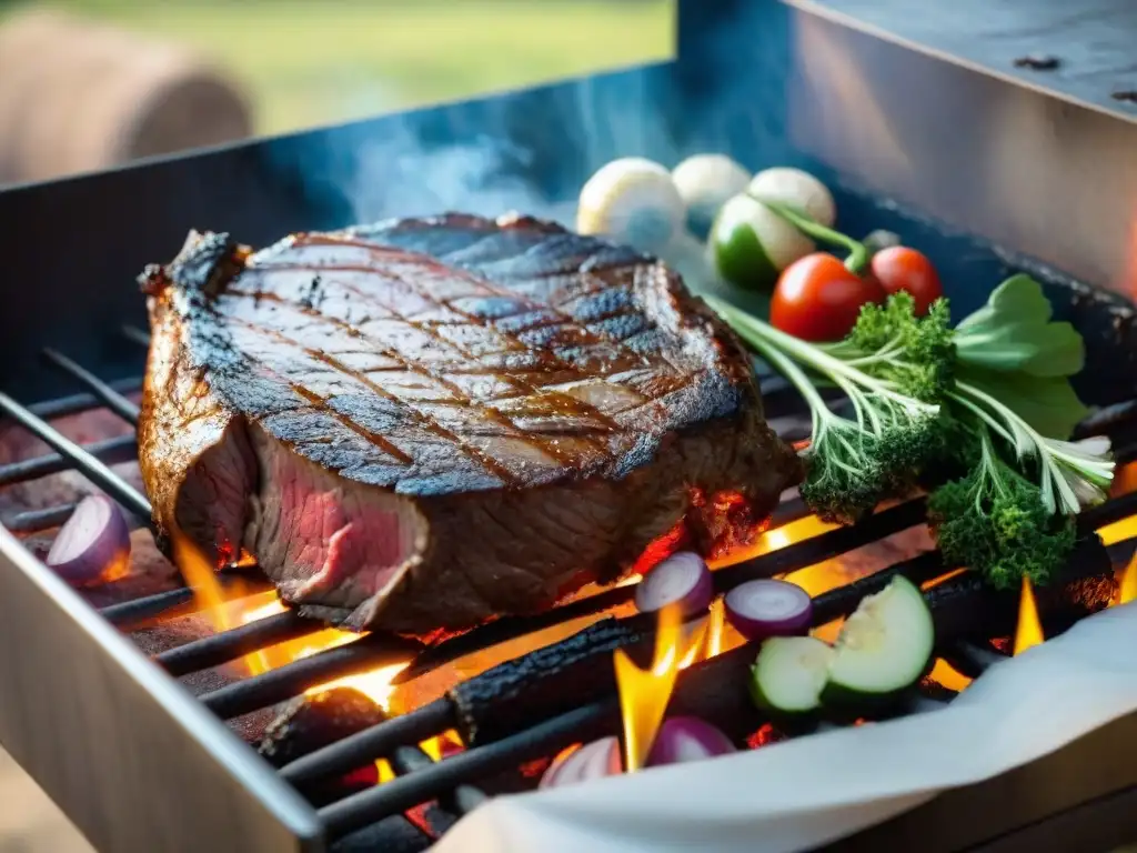 Exquisita carne uruguaya a la parrilla con vegetales frescos Una pieza premium de carne uruguaya asada en parrilla con vegetales frescos, evocando calidad y autenticidad en un entorno rústico