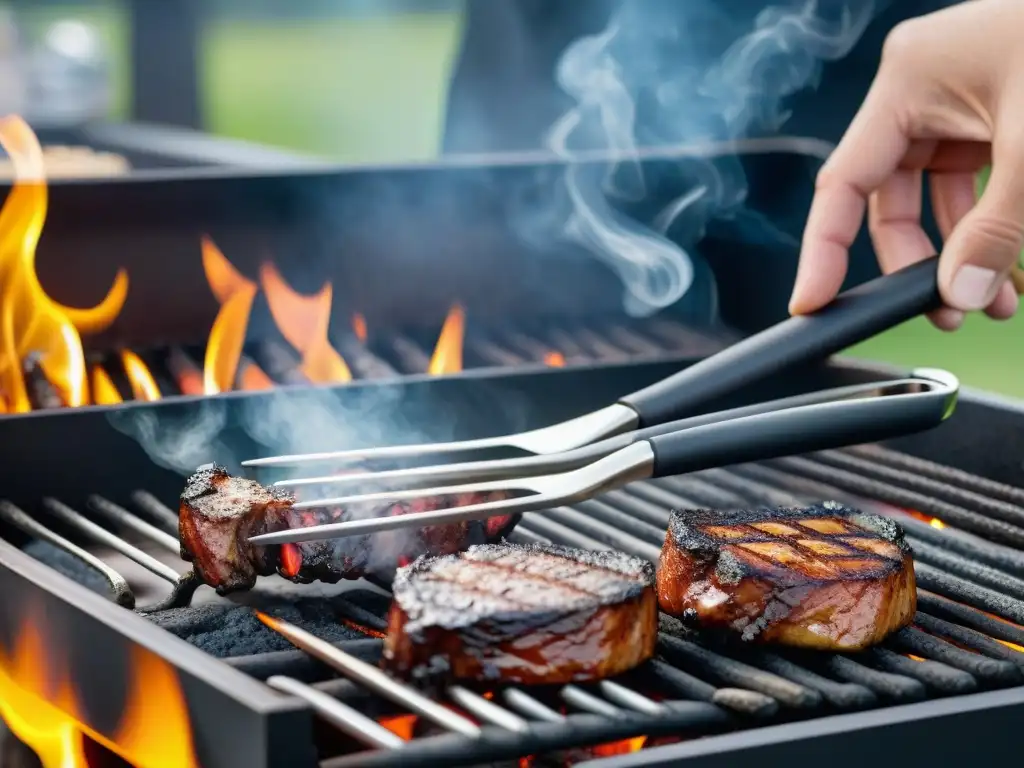 Pinzas para asado recomendadas: Detalles de acero inoxidable brillante bajo el sol, asando carne en una parrilla caliente