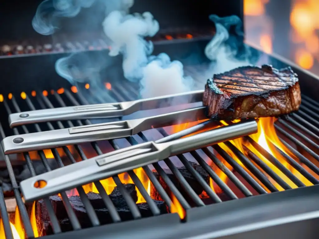 Unas pinzas de asado uruguayo de precisión mostrando su artesanía, contra un fondo de parrilla humeante al atardecer