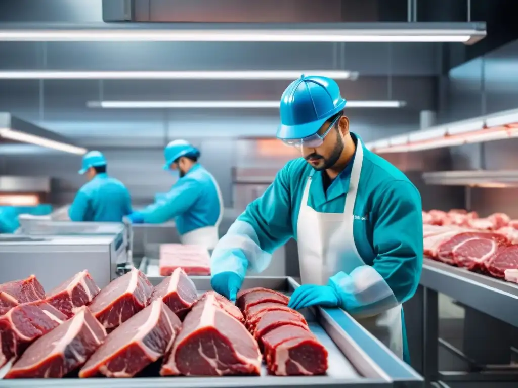 Una planta de procesamiento de carne moderna y sostenible donde trabajadores operan maquinaria avanzada bajo iluminación LED brillante