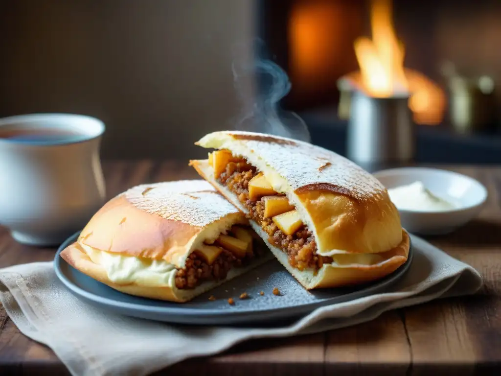 Un plato de tortas fritas uruguayas recién fritas, doradas y espolvoreadas con azúcar glas, sobre una mesa de madera rústica