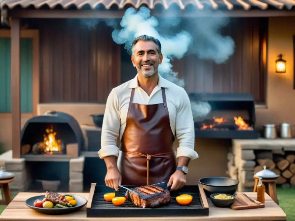 El Poeta del Asado: Maestro de la Parrilla y la Amistad El Poeta del Asado, Ernesto, muestra su maestría culinaria junto a la parrilla en un ambiente rústico con familia y amigos