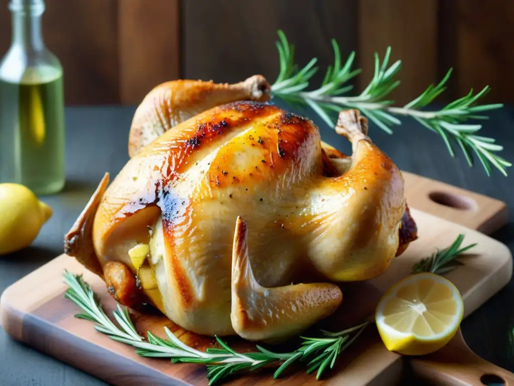 Un pollo asado dorado con piel crujiente, rodeado de romero fresco y limón, sobre tabla de madera rústica