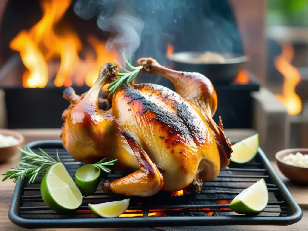 Un pollo dorado en un espetón uruguayo girando lentamente sobre brasas incandescentes, listo para ser devorado