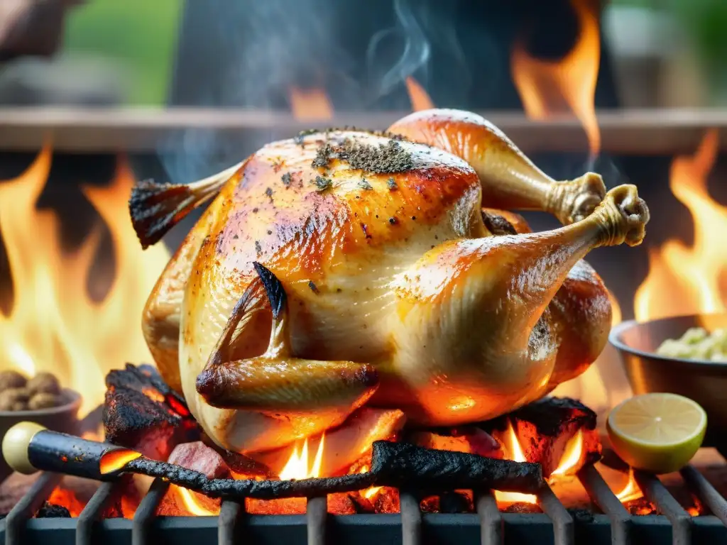 Un pollo entero girando en un espiedo uruguayo sobre brasas ardientes, con piel dorada y crujiente