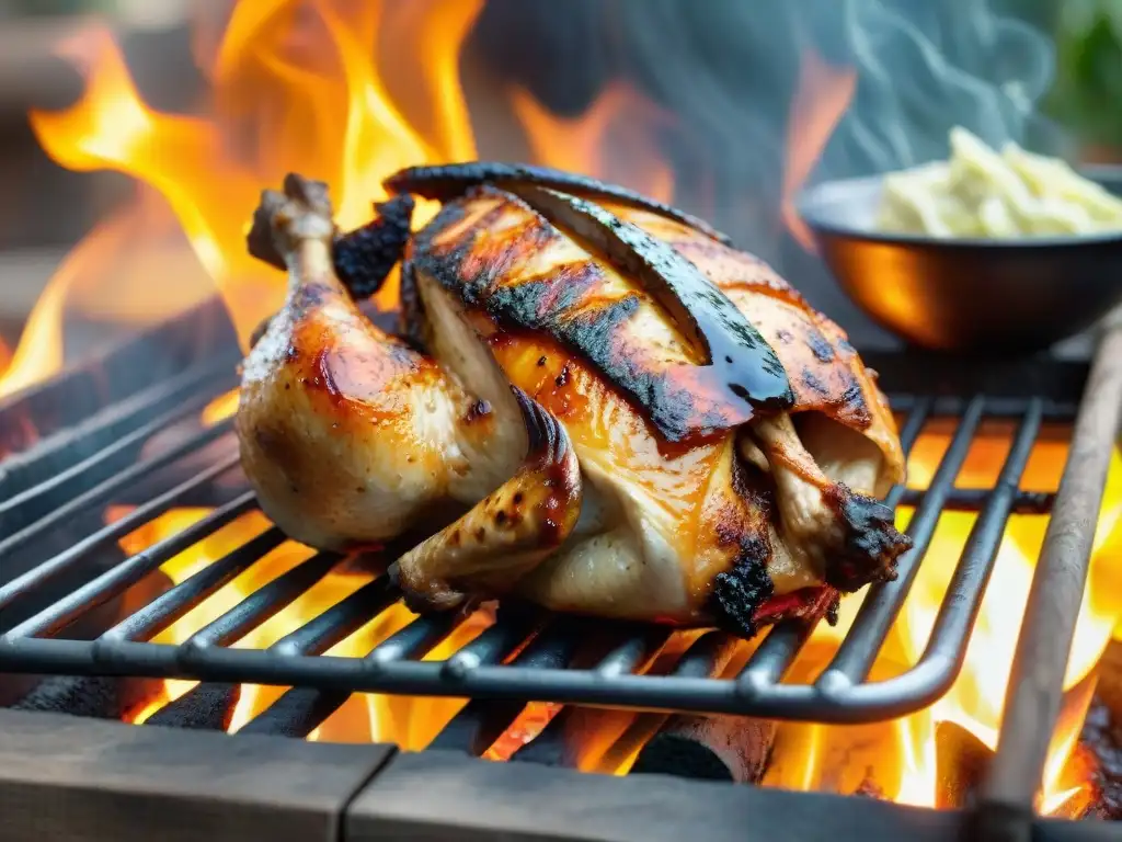 Un Pollo al Espiedo jugoso y dorado, girando lentamente en una parrilla uruguaya, rodeado de comensales ansiosos