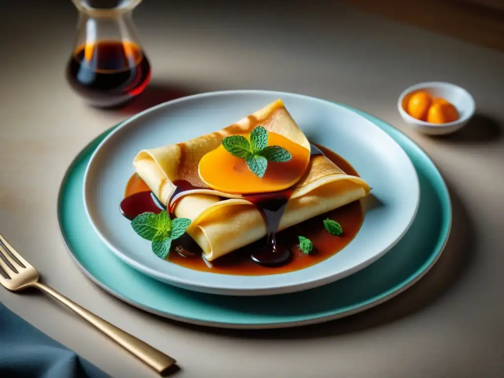 Un postre exquisito: Crepes Suzette con giro uruguayo, flambeados y decorados con caramelo, naranja y menta