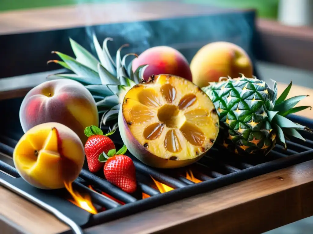 Postres asados con frutas: Grill de verano con piñas, duraznos y fresas caramelizadas, aroma tentador y ambiente soleado