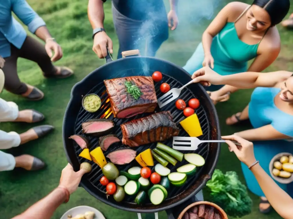 Prácticas sostenibles en un asado uruguayo comunitario en el campo, uniendo a personas de diversas edades y culturas en torno a la parrilla