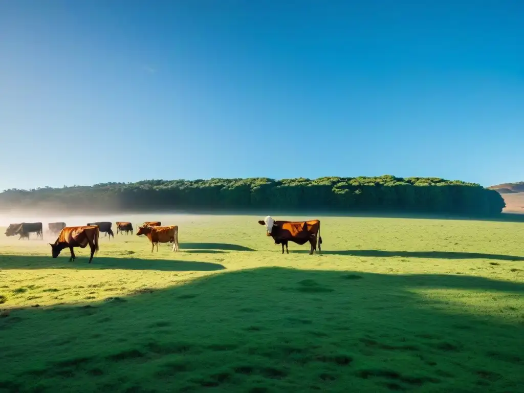 'Pradera verde en Uruguay con ganado pastando bajo cielo azul