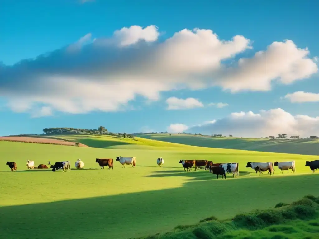 Pradera verde en Uruguay con vacas pastando en paz bajo el sol