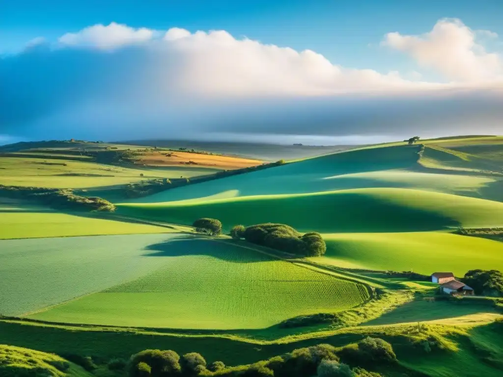 Praderas verdes con vacas de colores pastando en Uruguay, bajo un cielo azul