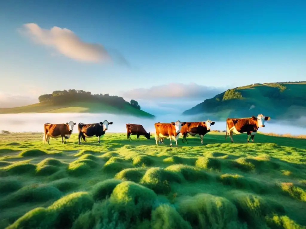 Un prado verde exuberante con vacas felices pastando bajo un cielo azul brillante, muestra la belleza de la cadena de suministro corta para un asado