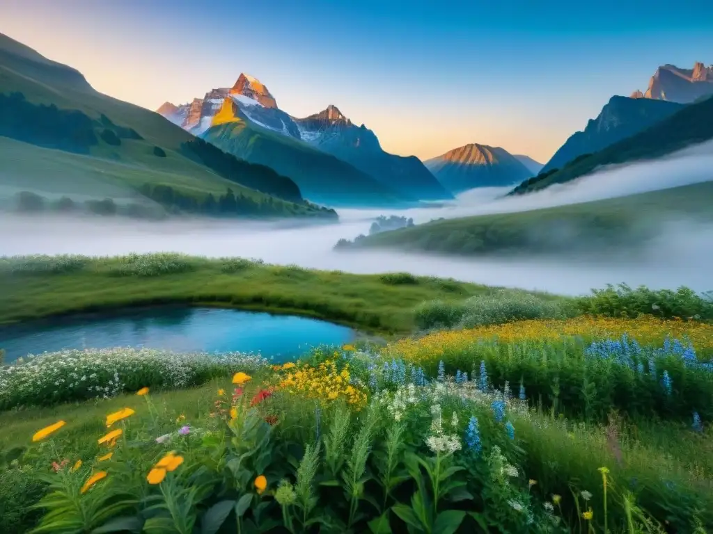 Un prado verde con flores silvestres, río serpenteante y montañas majestuosas