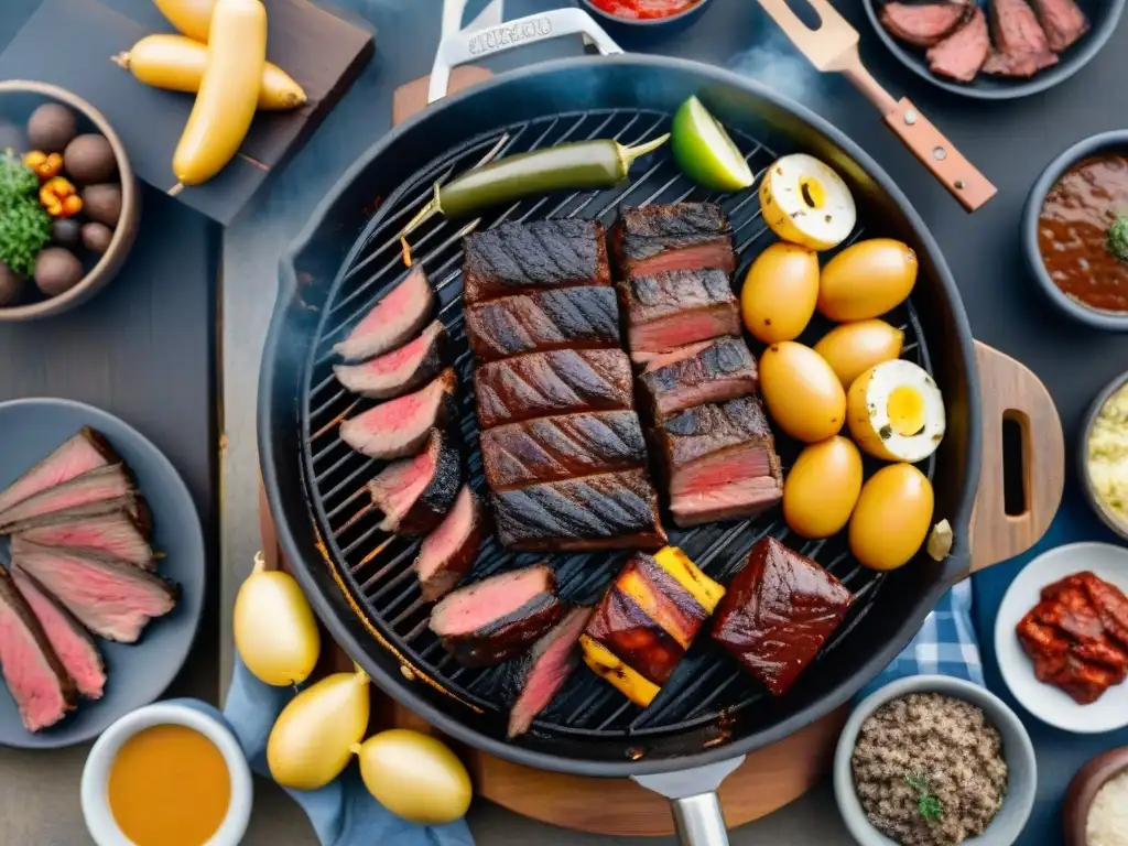 Fotografía premiada asado uruguayo: carne asada perfecta y aromas tentadores en un ambiente cálido y acogedor al aire libre