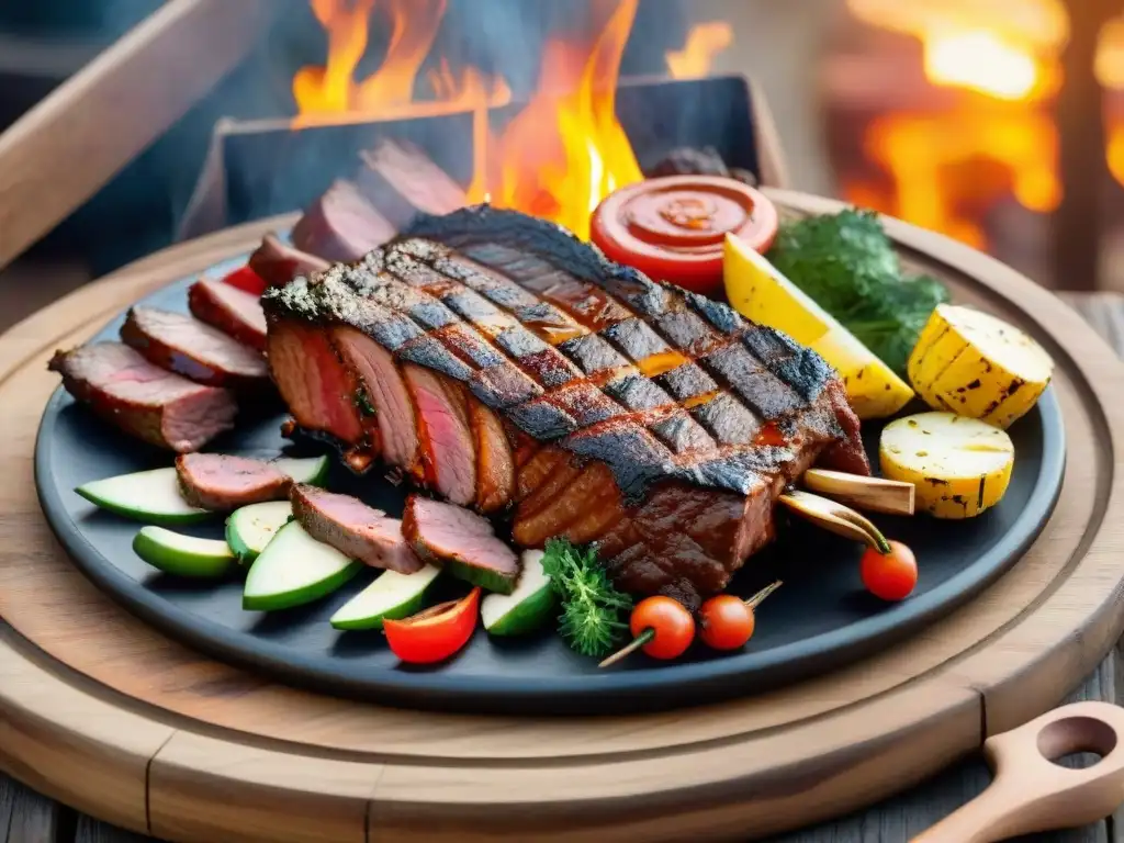 Una fotografía premiada de un asado uruguayo perfectamente grillado en una mesa rústica de madera al atardecer