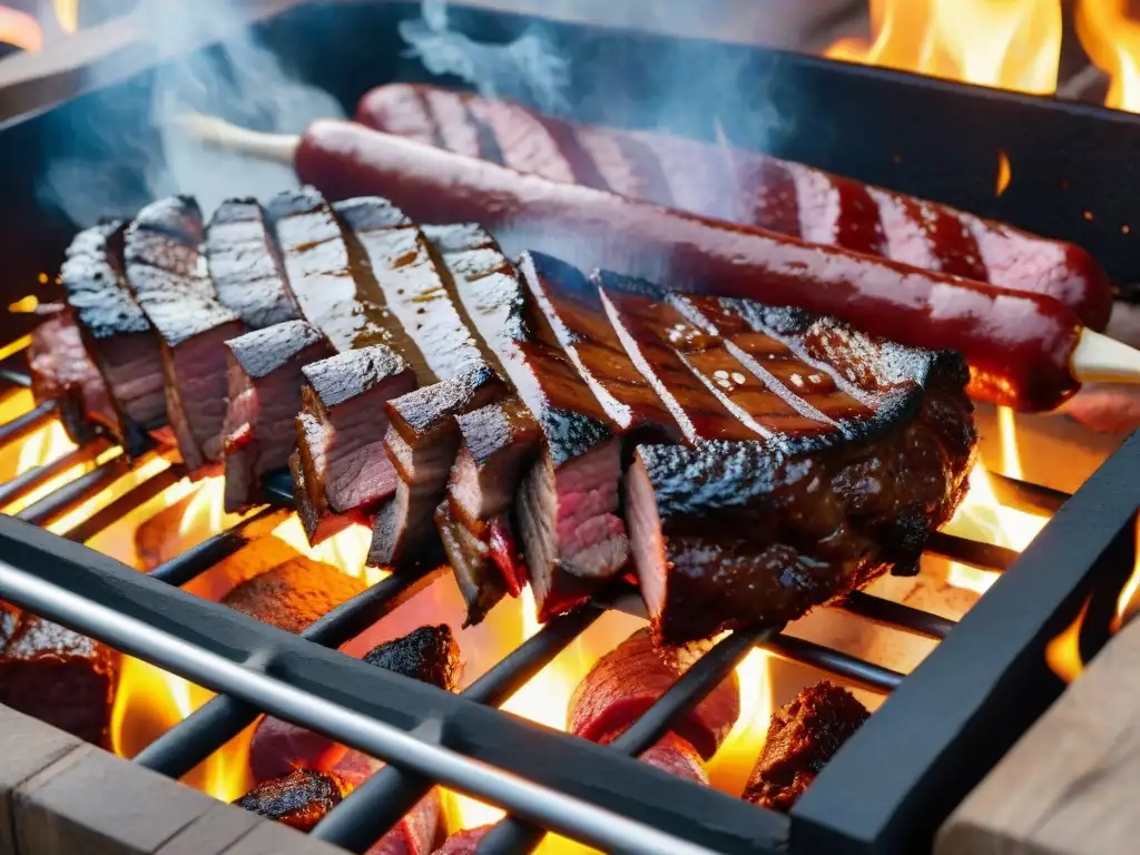 Una fotografía premiada de un asado uruguayo sizzling en una parrilla, con cortes jugosos y chorizos, evocando tradición culinaria