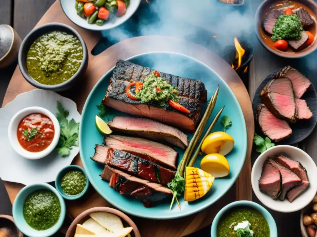 Una fotografía premiada de un asado uruguayo tradicional en una mesa rústica de madera, con amigos riendo y disfrutando la comida