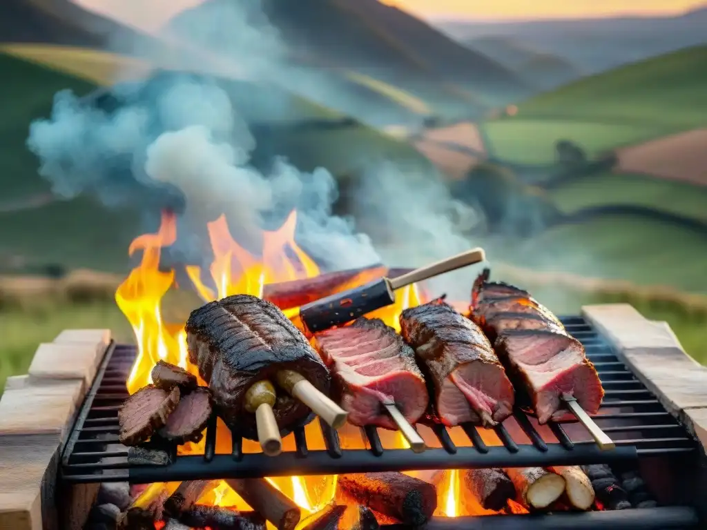 Preparación de un asado tradicional uruguayo en el campo, capturando la esencia de la identidad uruguaya