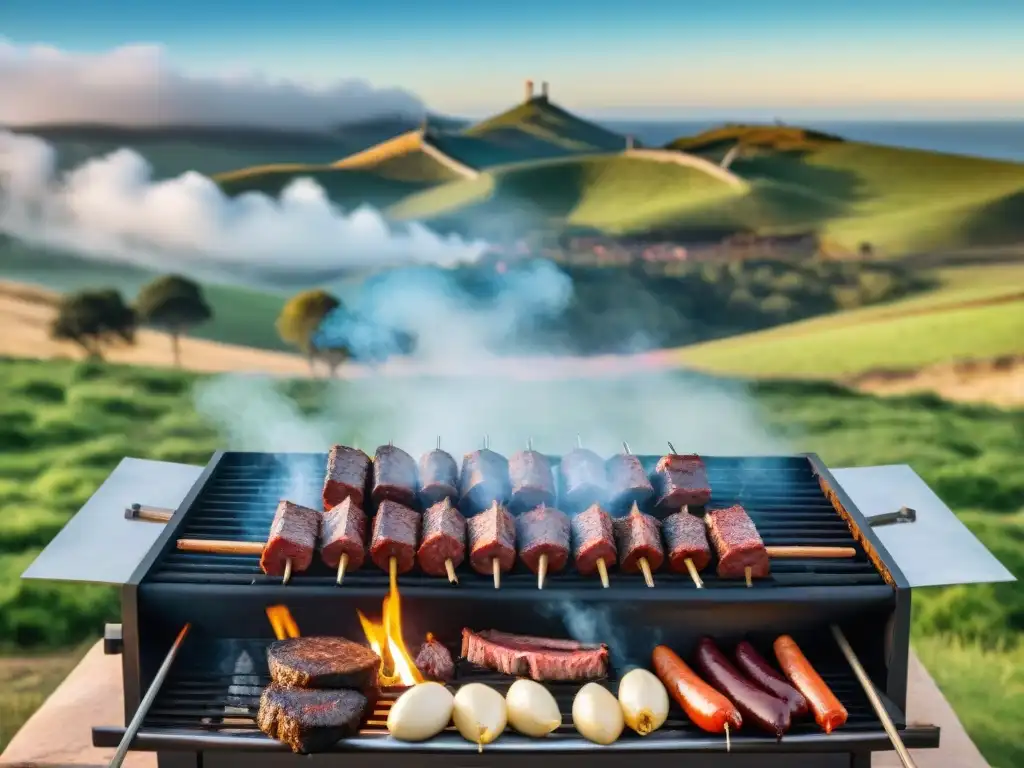 Preparación de un asado uruguayo con ingredientes de primera en un ambiente cálido y acogedor