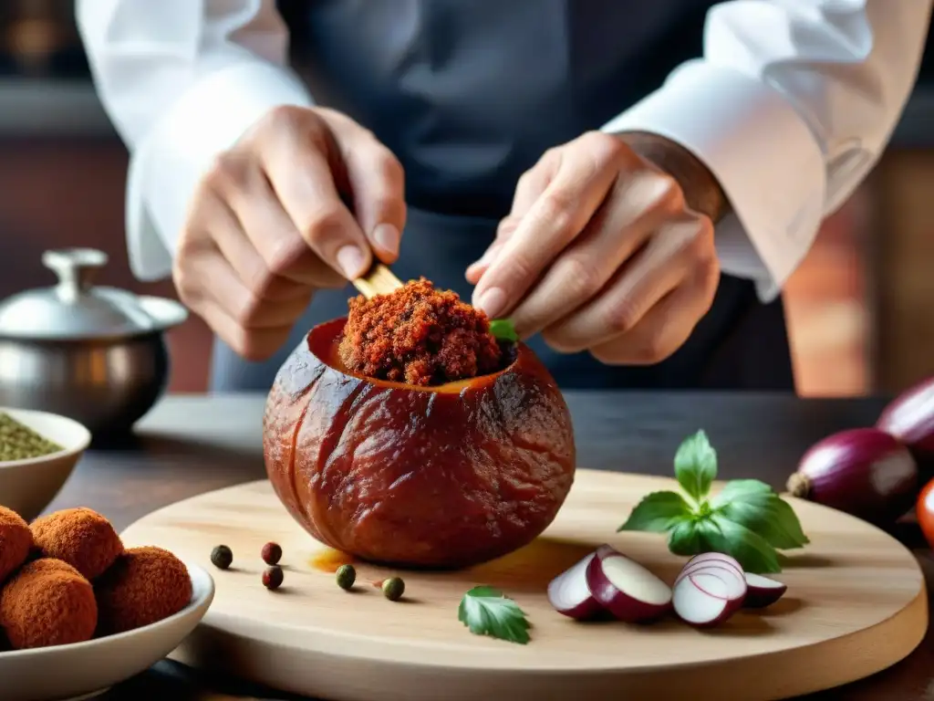 Preparación del chorizo bombón uruguayo: Chef experto atando chorizo con precisión en cocina rústica