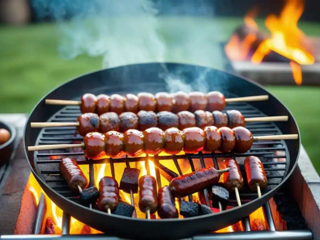 Preparación del chorizo bombón uruguayo, parrilla al aire libre con chorizos sizzling y humo aromático sobre vegetación exuberante