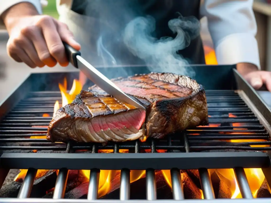 La preparación perfecta del entrecot uruguayo: un entrecot sizzling en la parrilla mientras el chef lo cocina con destreza