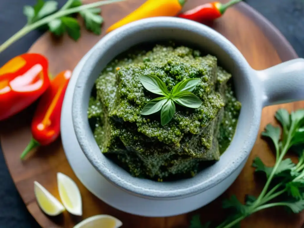 Preparación de receta auténtica chimichurri uruguayo con ingredientes frescos y coloridos en molcajete