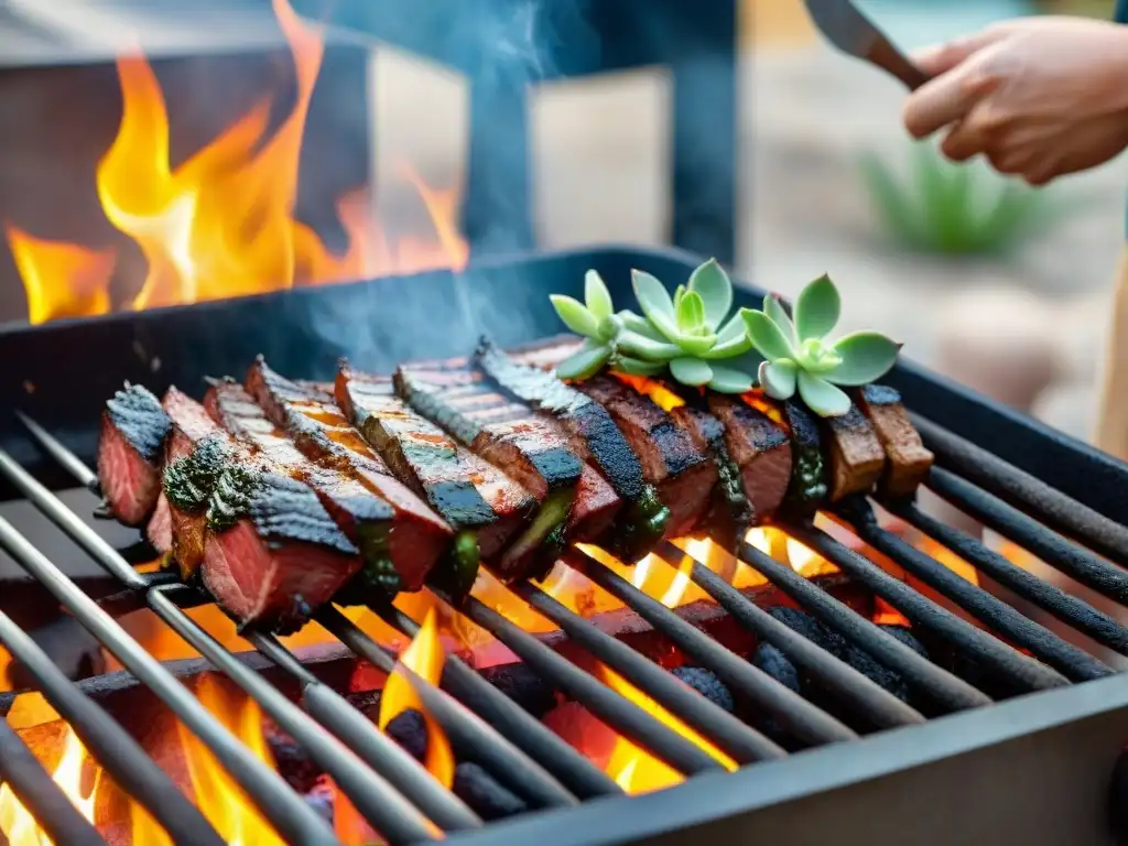 Preparación de tira de asado: Jugosa carne a la parrilla con hierbas aromáticas, en un ambiente de barbacoa familiar