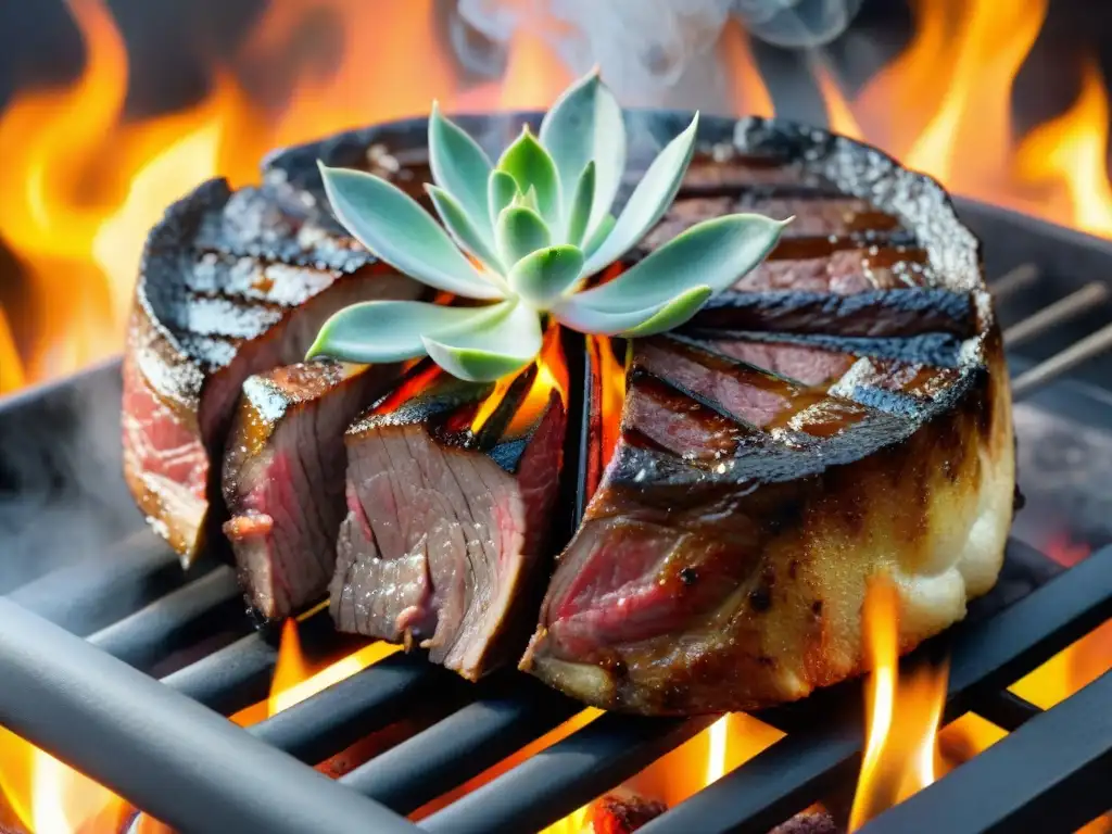 Preparación de tira de asado: Jugoso y tierno corte asándose a la parrilla con hierbas frescas y especias