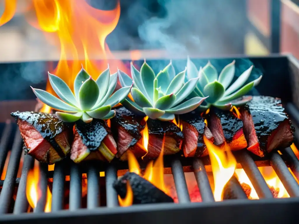 Preparación de tira de asado en parrilla, con bordes dorados y jugos chispeantes, en ambiente ahumado y llamas danzantes