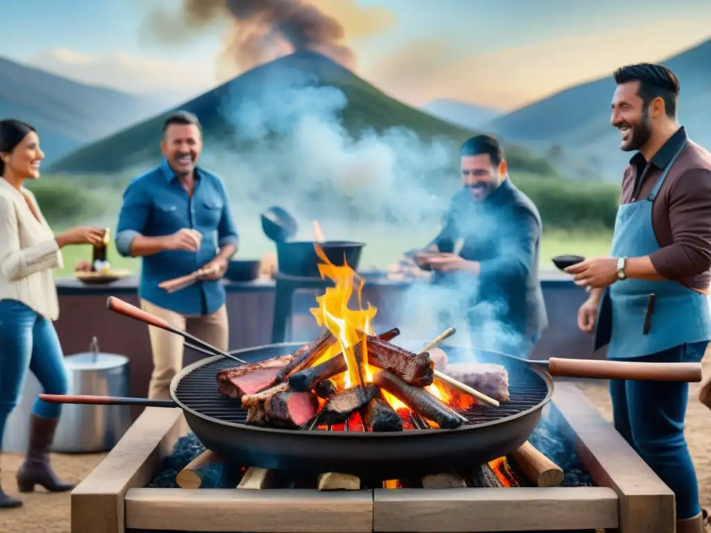 Preparativos para asado al asador: amigos riendo alrededor de la parrilla, fuego y carne asándose, creando un ambiente cálido y acogedor