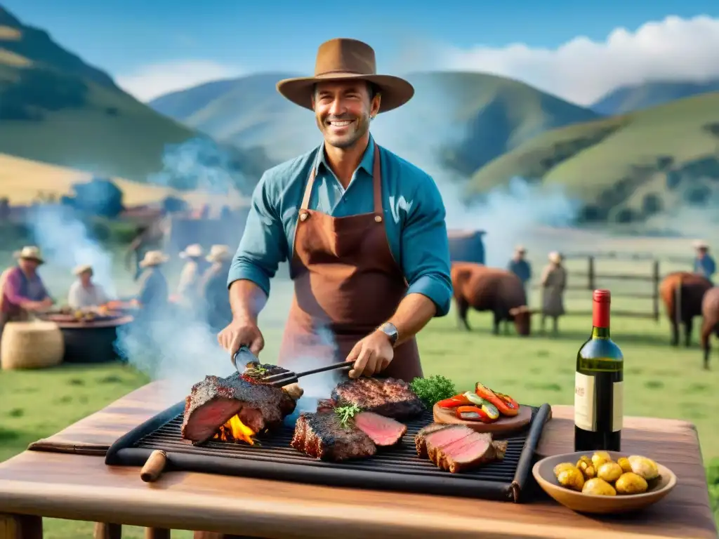 Preparativos para asado al asador: Un gaucho experto asando carne a la parrilla en un escenario campestre argentino vibrante y realista