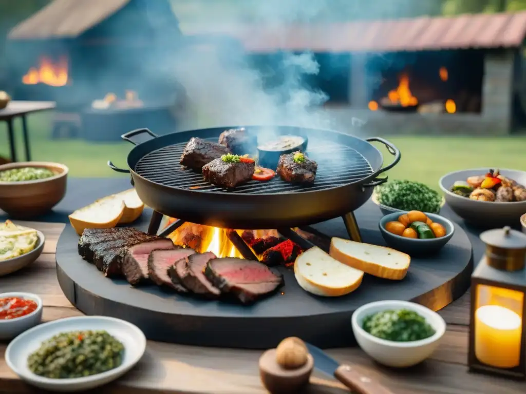 Preparativos para asado al asador: Escena vibrante en el campo con parrilla al fuego y comida tradicional