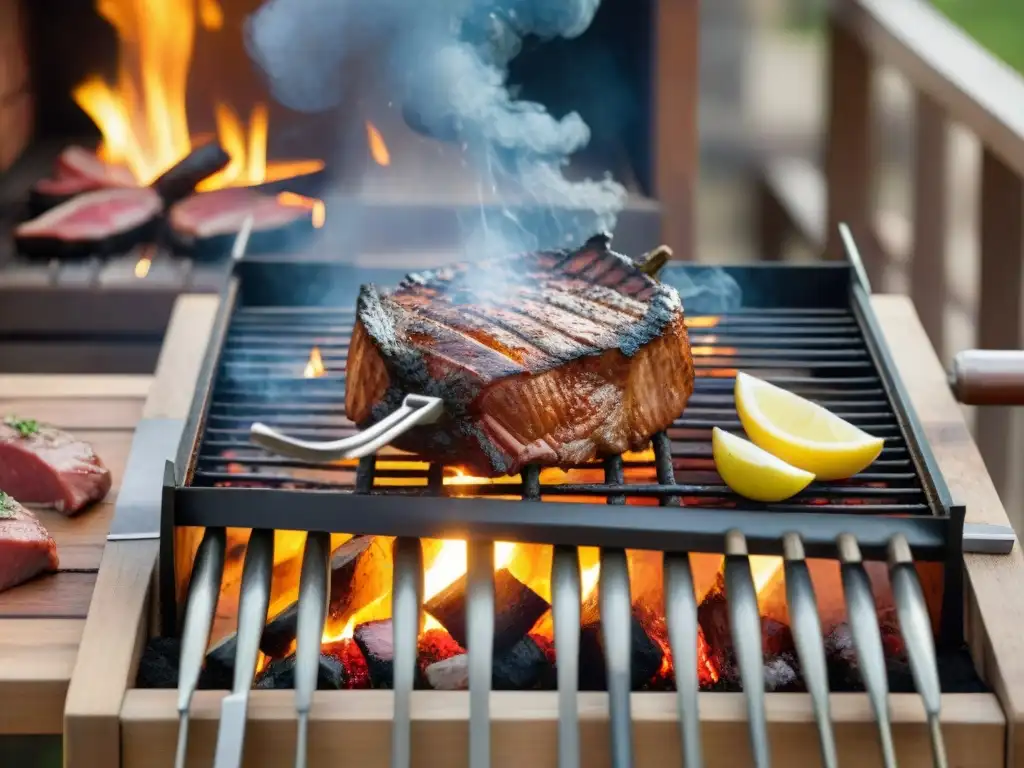 Preparativos para un asado perfecto: parrilla argentina detallada con utensilios y carbón al rojo vivo