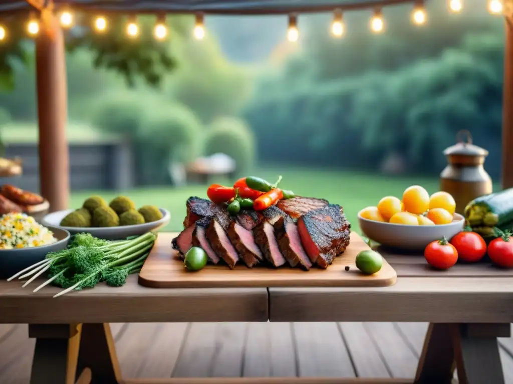 Preparativos para un evento al aire libre asado con alimentos frescos y utensilios de parrilla bajo luces de cuerda en un entorno natural al atardecer