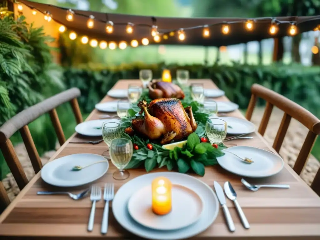 Una presentación de asado perfecta en una mesa al aire libre rodeada de vegetación exuberante y luces suaves